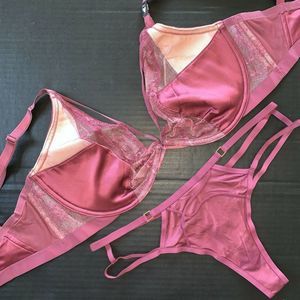 Victoria's Secret unlined 36DDD BRA SET Strappy thong ROSE pink lace satin Mauve